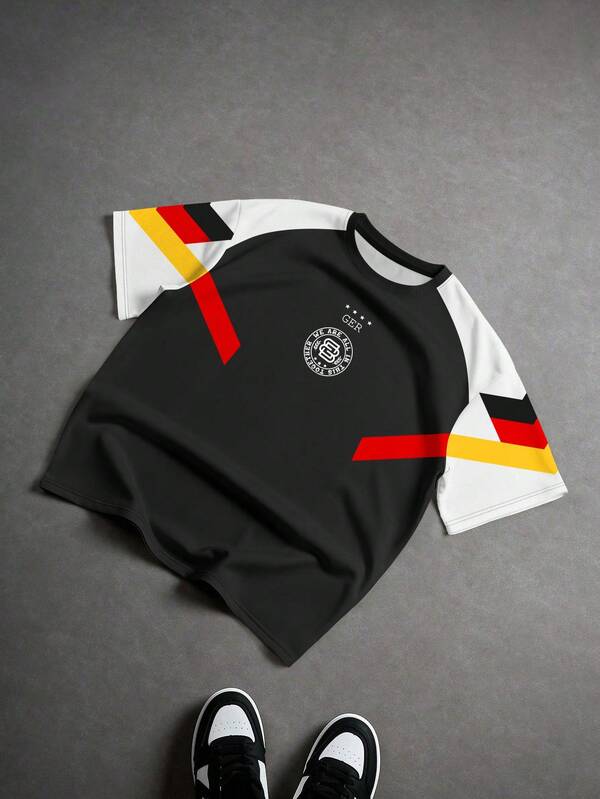 Aesthetic Post 美式街头风撞色几何印花短袖宽松版型足球衫风格T恤 男士图案印花T恤 男士时尚运动夹克 足球/橄榄球装备