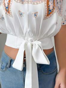 Elenzga All-Over Print Twist Front Short Sleeve Casual Vacation Shirt - Apricot - View 5