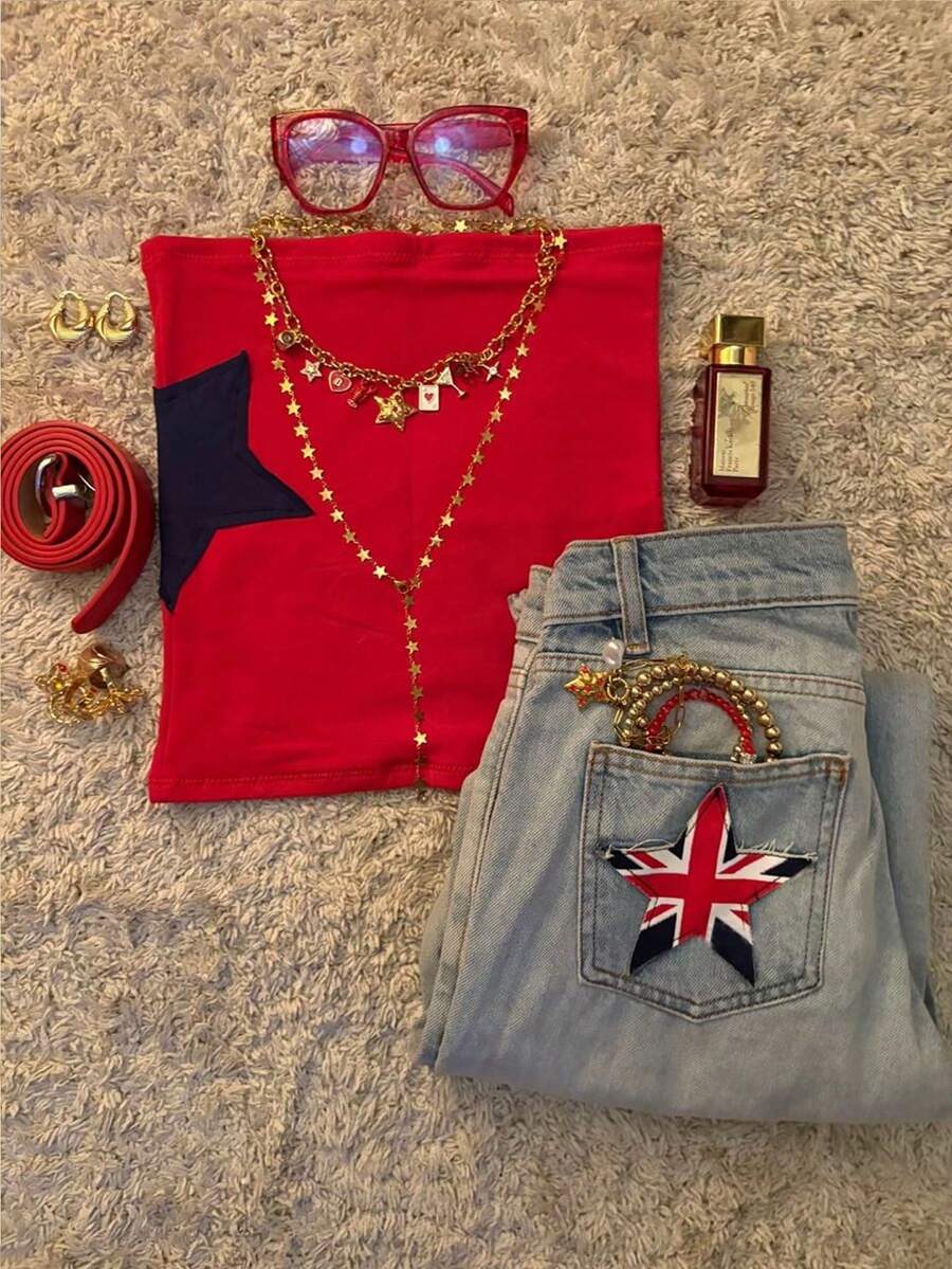 Glimmora Red Star Patch Crop Bandeau Top, Women Summer Sleeveless Tube Top, Y2K Contrast Star Applique Red Bandeau Top Slim Fit Strapless Crop Top, British Flag Star Detail Red Tube Top Summer Streetwear Strapless Bandeau - Red - View 1