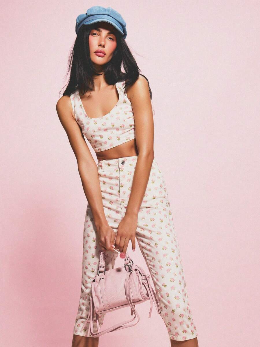 MISSGUIDED Floral Printed Stretch Denim Bralette Crop Top With Scoop Neckline And Back Zipper Detail Spring Summer Fashion - Multicolor - View 1