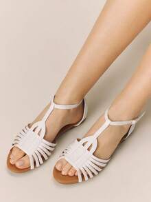 Styleloop Giày sandal đế bằng nữ, sandal kiểu La Mã, quai chéo trang trí, giày du lịch phong cách Bohemian, thích hợp cho mùa hè, đi biển, dạo phố, phù hợp cho kỳ nghỉ, mùa xuân và mùa hè. - trắng - Xem 2