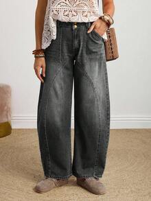 SHEIN PETITE Quần jeans ống loe rách nhẹ, phong cách thường ngày dành cho nữ, thích hợp cho kỳ nghỉ. - Xám - Xem 6