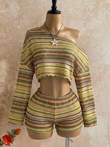 Soleia 2pcs Women Striped Asymmetric Neck Long Sleeve Top And Shorts Set - Olive Green - View 6
