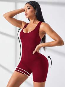 SHEIN Sports Bộ đồ thể thao liền thân, màu trơn/dệt gân/không đường may - Màu Đỏ Sâu - Xem 5