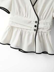 GlowEve Women's Apricot V-Neck Waist Ruched Short Sleeve Ruffle Hem A-Line Contrast Black Trim Versatile Elegant Slim Blouse, Spring/Summer - Apricot - View 4