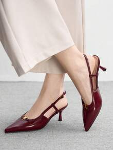 CUCCOO BIZCHIC Women's High-Heeled Shoes, Retro Burgundy Patent Leather High Heels, French Pointed Back Strap Gold Buckle Decorative Sandals, Spring And Summer Commuting Dating Elegant Shoes Spring Shoes - Burgundy - View 5