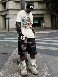 MTV | SHEIN Bộ đồ nam gồm áo dài tay cổ tròn và quần short in chữ họa tiết rằn ri tương phản. - Màu Khaki - Xem 1