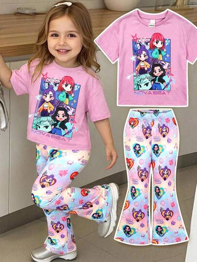 SHEIN Bộ 2 món áo thun cổ tròn và quần legging dệt kim họa tiết dễ thương cho bé gái