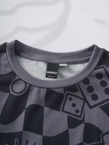 MONOPOLY X SHEIN Set tricou și pantaloni scurți cu mânecă scurtă, în carouri și imprimeu de desene animate, pentru băieți preadolescenti - Gri - Vizualizare 3