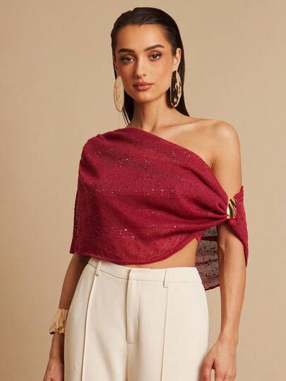 Silquee Áo hai dây kiểu spaghetti mới dành cho nữ với khóa cài hình vỏ sò bằng kim loại, thiết kế khoét rỗng gợi cảm và thanh lịch, thích hợp cho mùa xuân/hè.