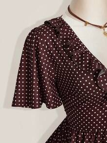 SHEIN ICON 大码女装春夏复古性感优雅通勤休闲日常V领荷叶边波点棕色宽松连衣裙复古波点连衣裙 - 棕色 - 查看 8
