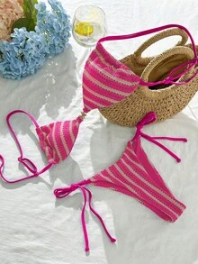Swim SXY Women's Blue & White Striped Jacquard Fabric Spaghetti Strap Metal Decor Bikini Set, Spring/Summer - Hot Pink - View 4