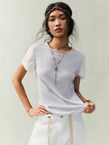 SoleilVie Áo tay ngắn kiểu Bohemian Dopamine phối màu tương phản 2 trong 1 - Màu tím - Xem 7