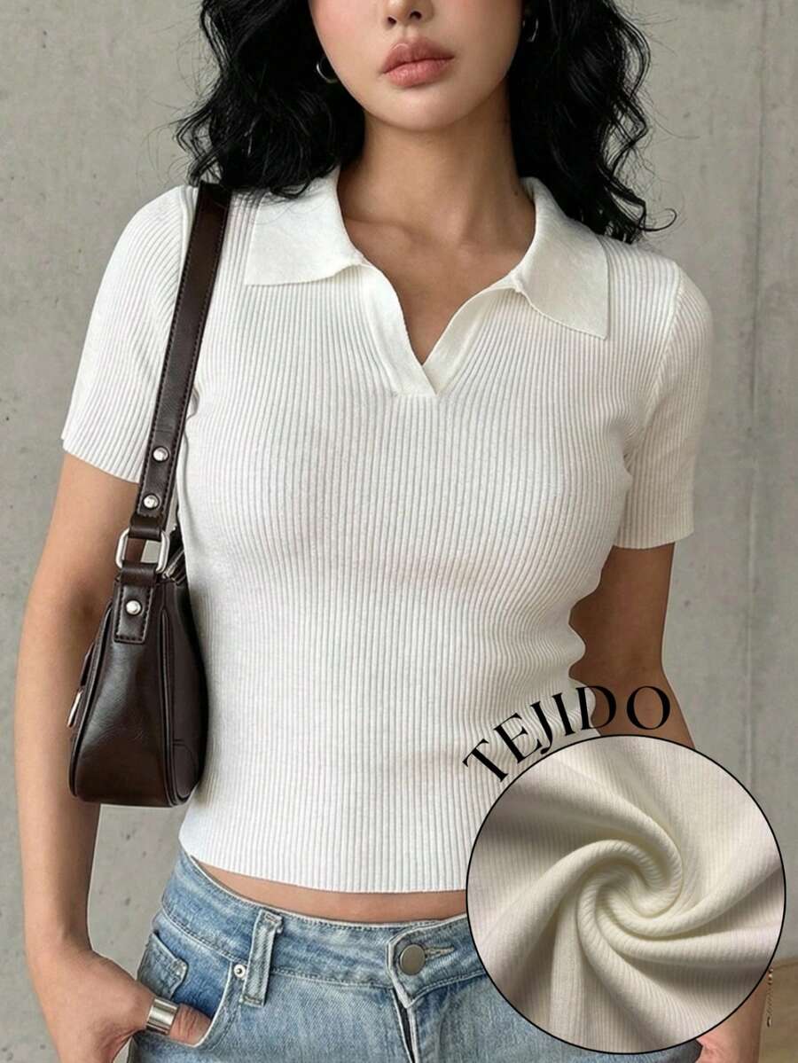 Crop top tejido con cuello en V Camisero - BLANCO - Ver 1