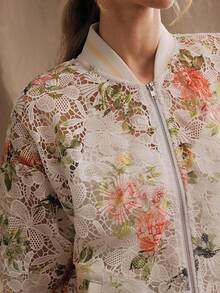 Anewsta Women's Elegant Floral Print Lace Sheer Stand Collar Long Sleeve White Lace Jacket, Spring/Summer - White - View 1