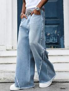 GALLERY FADE 男式街头风格磨边拼接阔腿牛仔裤 - 淺色水洗藍 - 查看 1