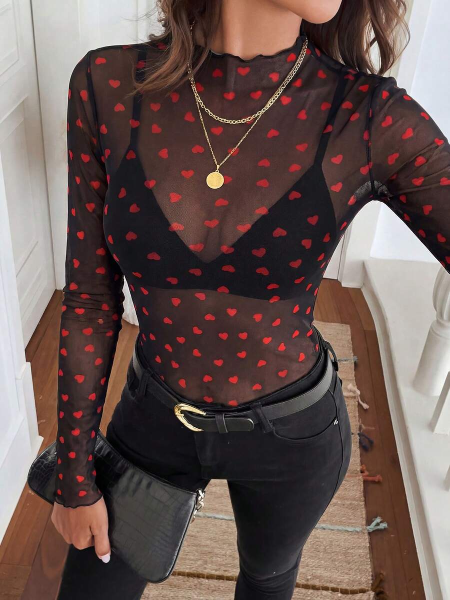 SHEIN Clasi 女士性感透视心形网纱上衣，情人节 - 彩色 - 查看 1