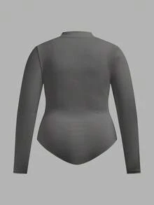 SHEIN Tall CURVE 加大码女士黑白两件套拉链高领连体衣套装，休闲长袖 - 灰色 - 查看 4