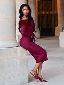 Mima John 欧美风毛领长袖中长款毛衣裙 - 酒紅色 - 查看 4