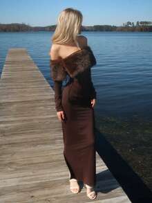 Sydney Algeri 女士毛绒露肩长袖修身优雅连衣裙 - 棕色 - 查看 4