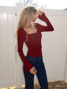 Sydney Algeri 女士万圣节、感恩节、新年、派对、通勤、日常、旅行、度假皆宜。红色紧身上衣，酒红色纹理蕾丝饰边蝴蝶结设计喇叭袖弹力T恤，春/秋/冬季款。 - 酒紅色 - 查看 4