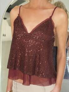 Sydney Algeri Autumn/Winter Solid Color Sexy Deep V-Neck Deep Brown Sequin Strap Women's Top, Sequin Women's Camisole, Autumn/Winter Undershirt, Party Cocktail Occasion - Brown - View 6