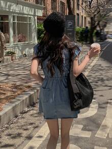 DAZY 女士休闲抽绳腰牛仔连衣裙，夏季 - 藍色 - 查看 6