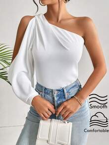Firerie Elegant Chic Modest One Shoulder Lantern Sleeve Solid Blouse Beach Vacation, Summer Holiday, Tropical, Resort Wear, - White - View 2