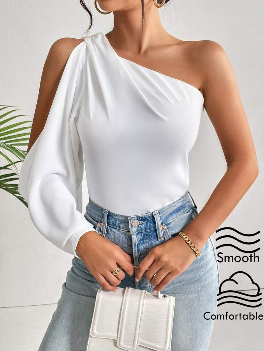 Firerie Elegant Chic Modest One Shoulder Lantern Sleeve Solid Blouse Beach Vacation, Summer Holiday, Tropical, Resort Wear,