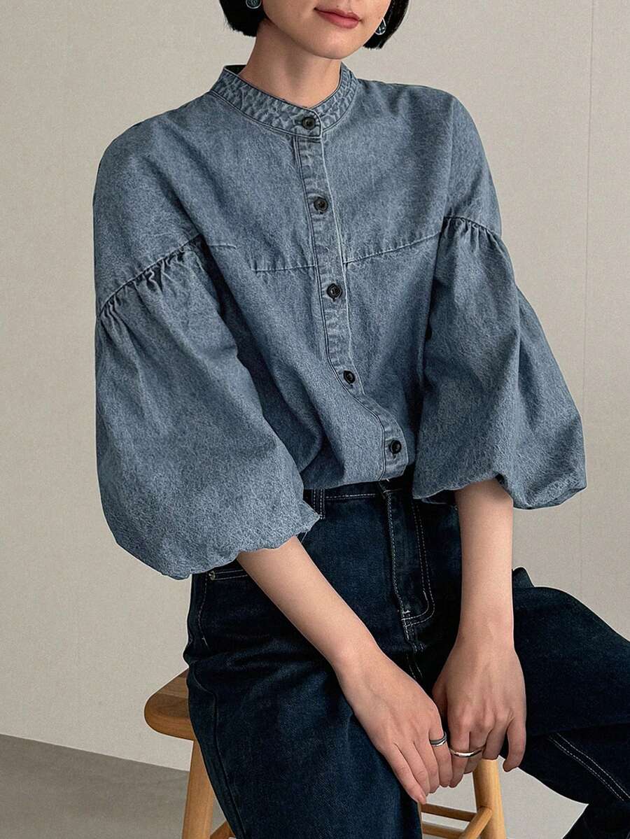 FRIFUL 女士立领单排扣休闲日常灯笼袖牛仔衬衫夏季 - 淺色水洗藍 - 查看 1