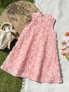 Vintaside Kids Girls Sleeveless Solid Color Elegant Ruffle Collar Summer Dress - Pink - View 3
