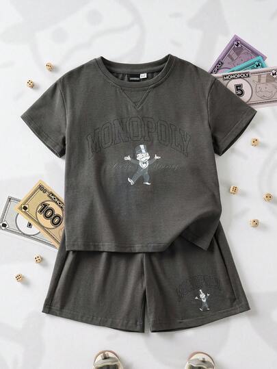 MONOPOLY X SHEIN 男童字母卡通印花圆领短袖上衣和短裤休闲日常穿搭