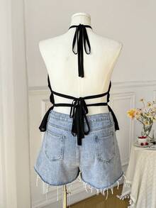 Comfortcana 加大码黑色褶皱抽绳露背休闲度假吊带上衣，春夏款 - 黑色 - 查看 2