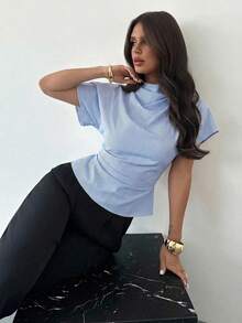 Firerie Blusa de bambú y lino de color albaricoque con cuello arrugado, mangas asimétricas, fruncido lateral y cintura ceñida, para uso diario, para todas las estaciones - Azul y blanco - Ver 6