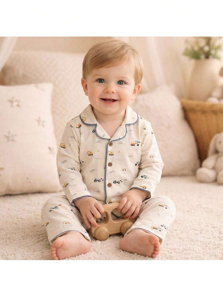 Loomiva 2件套男婴卡通汽车图案翻领长袖开衫衬衫和松紧腰裤套装 - 藍白色 - 查看 1