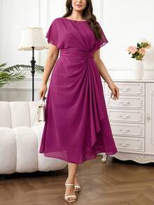 Reflora Plus Size Women's Elegant Purple Chiffon Midi Dress, Flowy Ruched Summer Wedding Party Outfits,High-Quality Spring Carnival Costume Clothes - Purple - View 7