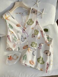 Comfortcana 大码女式单排扣纯色背心短裤休闲套装两件套，春夏米色两件套休闲套装，女式两件套短裤套装，秋冬返校季 - 彩色 - 查看 6