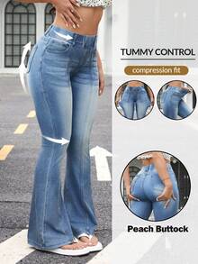 Flexra Jeans de pierna acampanada y elástica de color contrastante para mujer - Azul - Ver 1