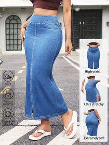 Flexra 女士休闲通勤高腰鱼尾开衩牛仔裙 - 藍色 - 查看 1