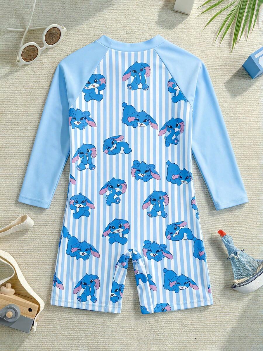 Young Girls Cartoon Print Beach Vacation One-Piece Swimsuit - Multicolor - View 1