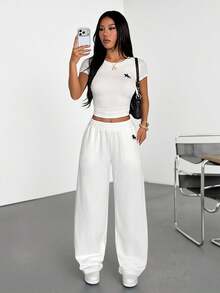 SHEIN PETITE 2pcs/Set Women Embroidery Knit Fitted Home Outfit, Summer White - White - View 5