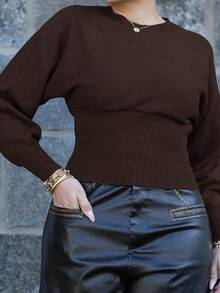 Melissa Matos Casual Round Neck Drawstring Waist Slim Fit Solid Color Knit Sweater, Versatile For Autumn/Winter - Coffee Brown - View 4