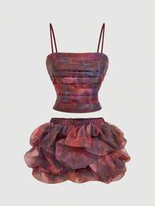 SHEIN MOD 女士扎染花卉褶皱吊带背心和荷叶边腰中长裙两件套 - 彩色 - 查看 1