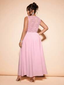 Cravure Vestido elegante y de moda con cuello en V, cintura recogida y corte evasé, con aplicaciones de encaje, sin mangas, adecuado para primavera y verano, tallas grandes - Rosa - Ver 2