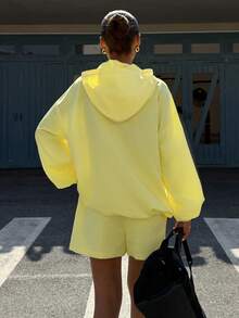 Muchica Light Yellow Woven Women's Hooded Half-Zip Long Sleeve Top And Shorts Casual Suit Yellow Outfit Women Yellow 2 Piece Set - Light Yellow - View 2