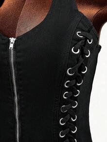 Mistrie 女士交叉露背牛仔吊带上衣 - 藍色 - 查看 3