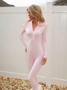Sydney Algeri Women's Streetwear Solid Color Long Sleeve Half Zip Jumpsuit, Autumn - Pink - View 4