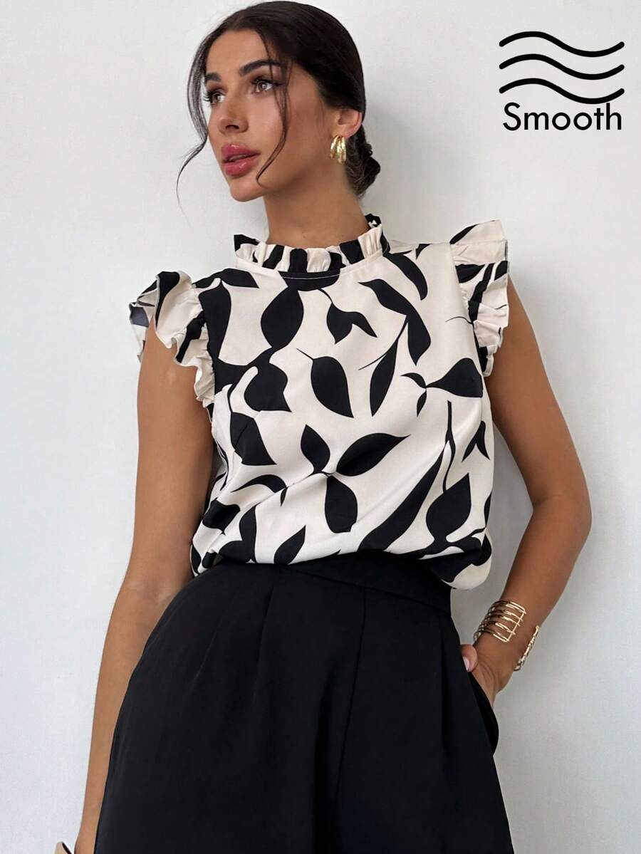 女士优雅花卉印花盖袖衬衫，适合日常和度假穿着，夏季，无袖上衣