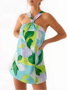Opulessa 女士度假撞色休闲时尚露背迷你连衣裙 - 綠色 - 查看 1
