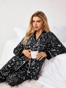 MONOPOLY X SHEIN Women's Geometric Print Single-Breasted Long Sleeve Top And Wide-Leg Pants Casual Loungewear Set - Black - View 3
